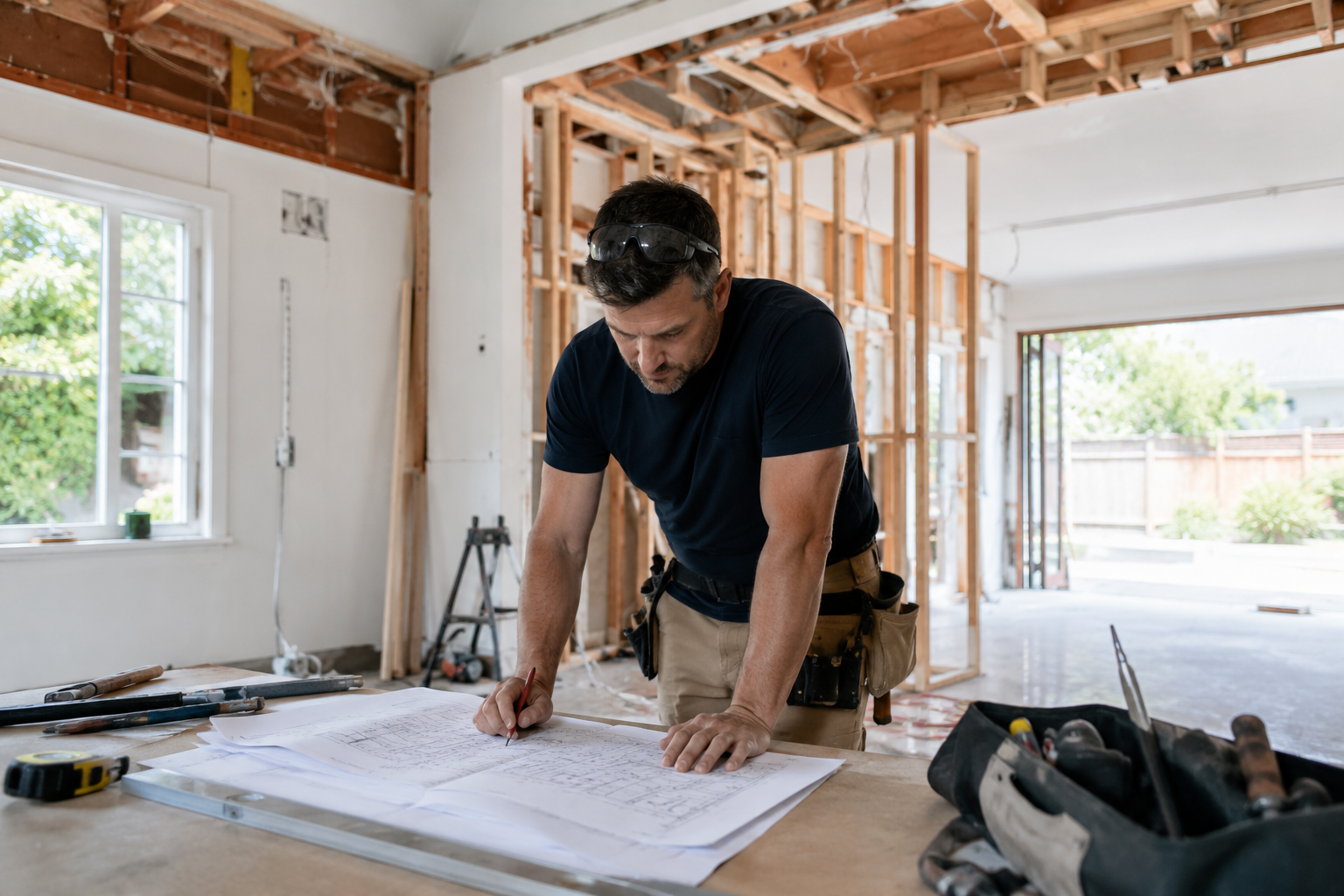 probc Builder reviewing plans inside a home renovation by Probuilding & Carpentry