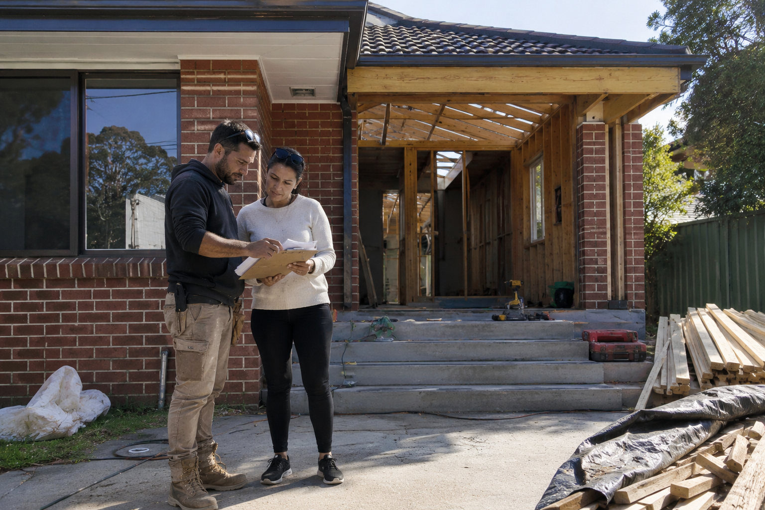 Homeowners consulting a builder in front of a house extension by Probuilding & Carpentry