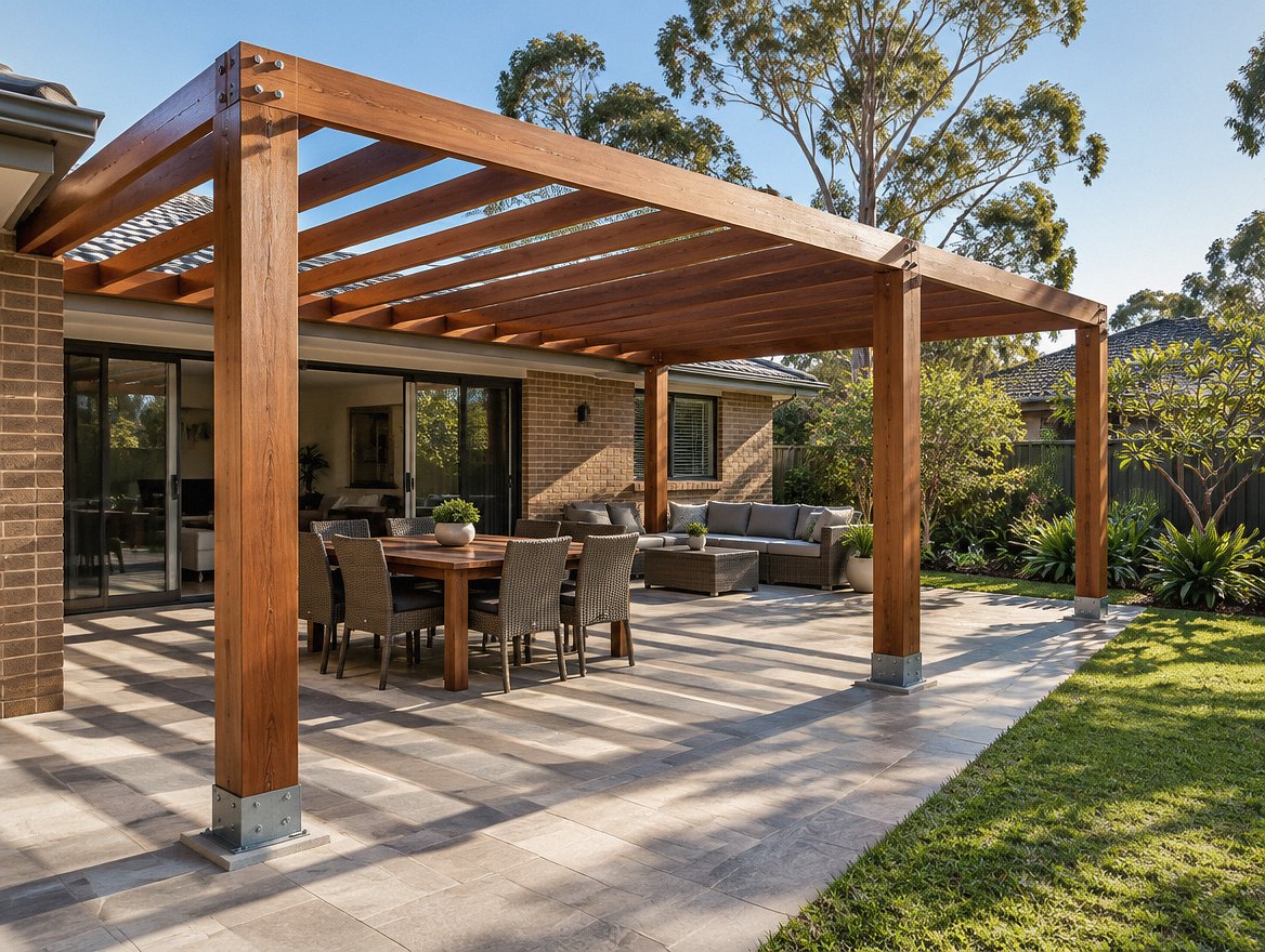 Attached timber pergola with open rafters over a paved entertaining area, illustrating pergola cost Sydney factors