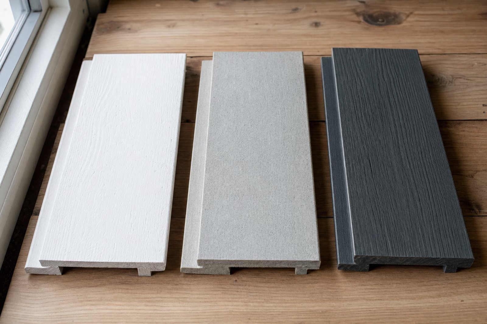 Three cladding board samples side by side, painted timber weatherboard, pale grey fibre cement and dark pre-finished composite board
