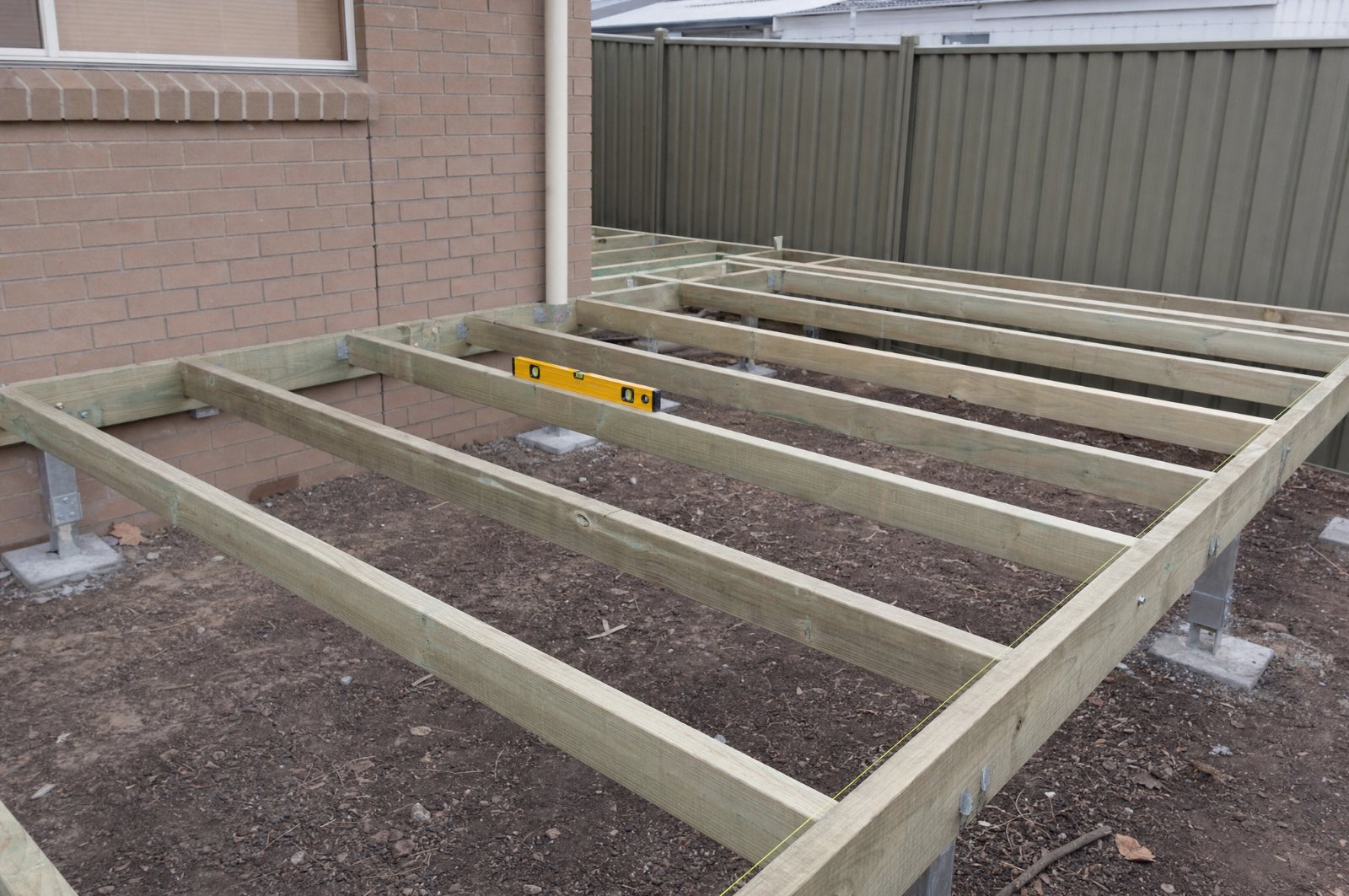 Decking builder Sydney project: timber deck subframe with bearers and joists on galvanised post stirrups and concrete footings