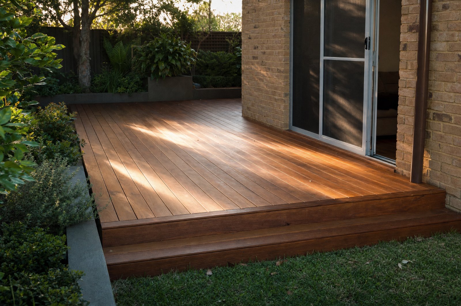 Finished Australian hardwood timber deck at the rear of a Sydney home with a step down to the lawn