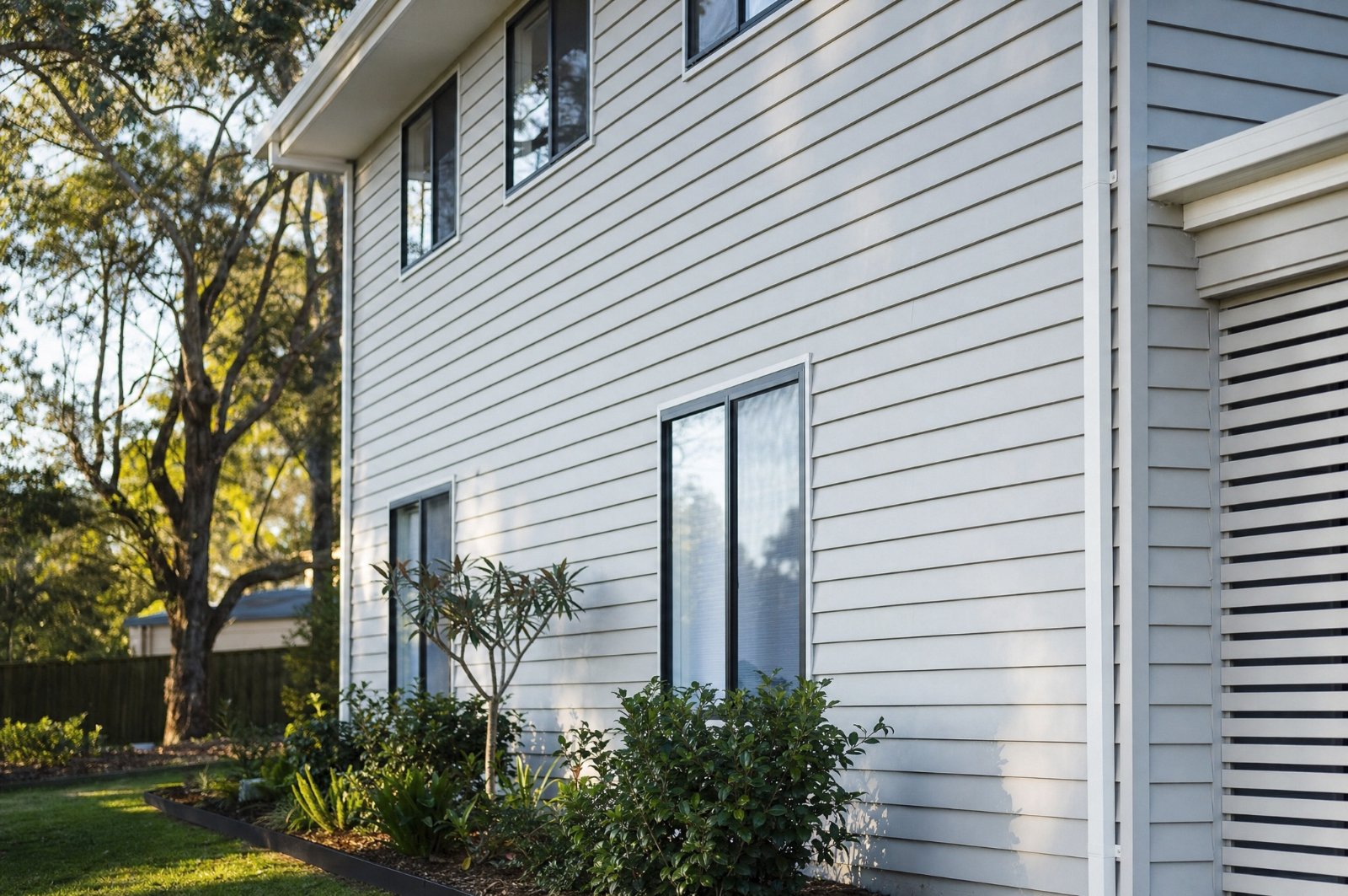 Finished two-storey Sydney home clad in pale grey horizontal weatherboard cladding in late afternoon light