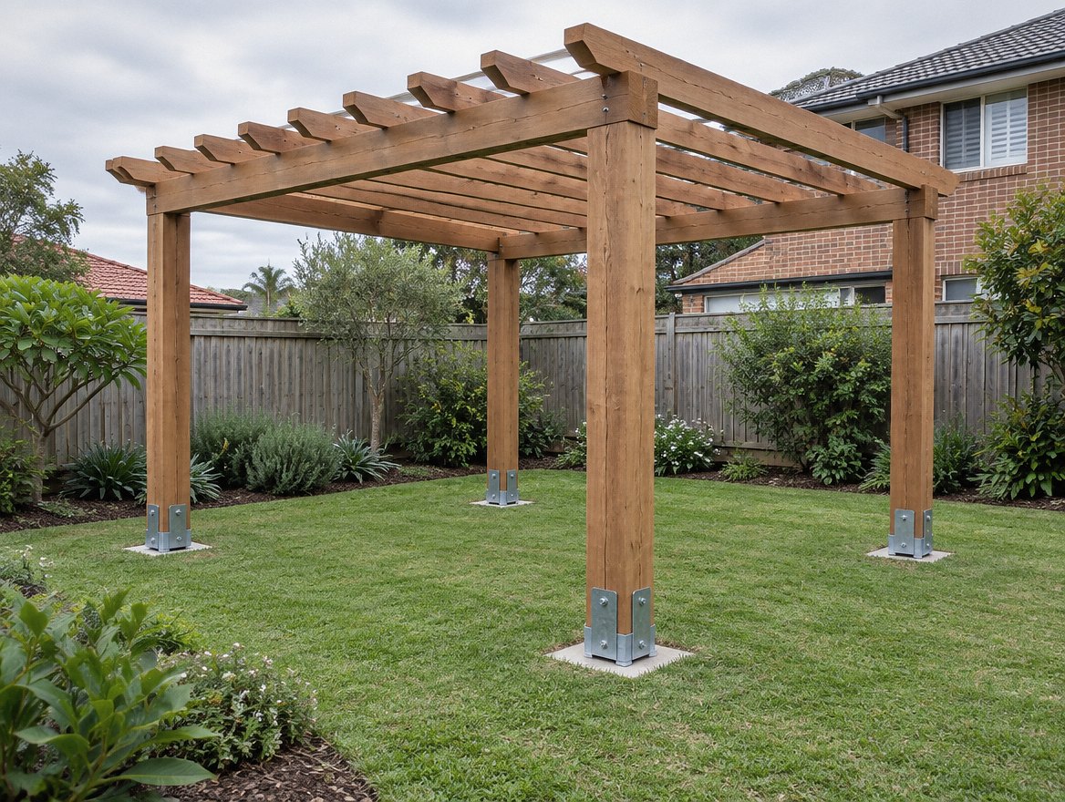 Freestanding timber pergola in a Sydney back garden with galvanised post stirrups and concrete footings visible