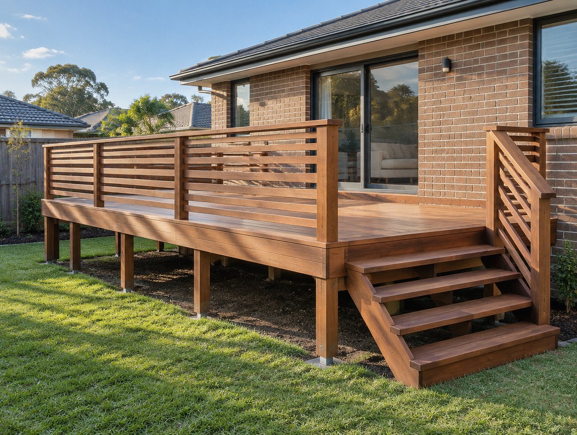Raised hardwood deck with timber balustrade and steps on a Sydney brick home, illustrating deck cost Sydney factors