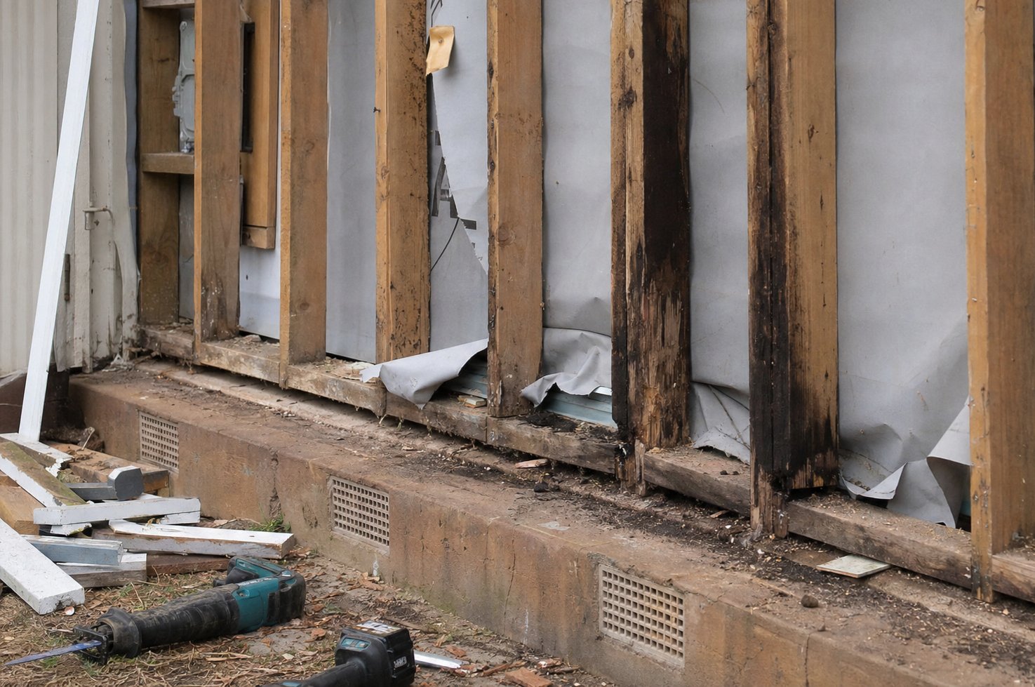 Exterior wall stripped back to bare timber stud framing with water staining visible on studs near the bottom plate